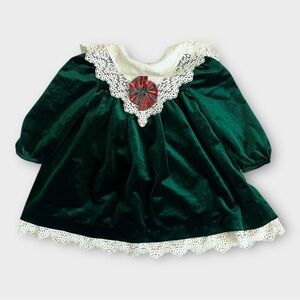 Green Velvet Baby Dress with Lace Trim